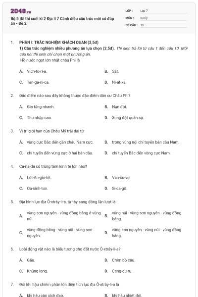 Bộ 5 đề thi cuối kì 2 Địa lí 7 Cánh diều cấu trúc mới có đáp án - Đề 2
