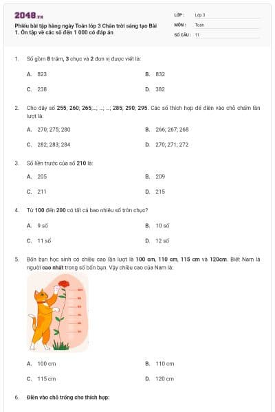 Phiếu bài tập hàng ngày Toán lớp 3 Chân trời sáng tạo Bài 1. Ôn tập về các số đến 1 000 có đáp án