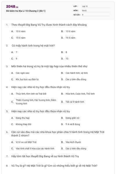 Đề kiểm tra Địa Lí 10 Chương 2 (Đề 1)