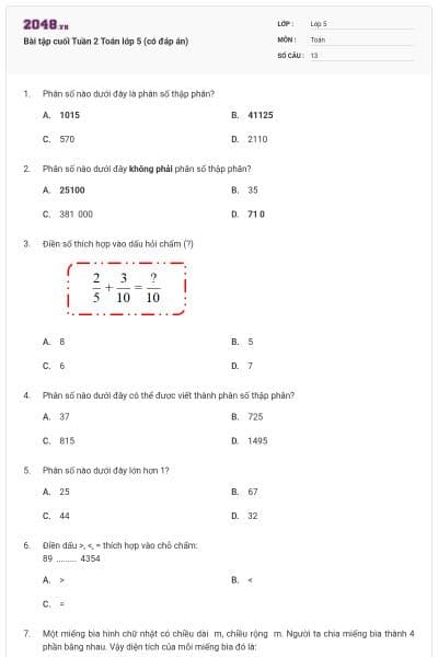 Bài tập cuối Tuần 2 Toán lớp 5 (có đáp án)