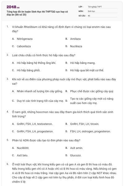 Tổng hợp đề ôn luyện Sinh Học thi THPTQG cực hay có đáp án (Đề số 20)