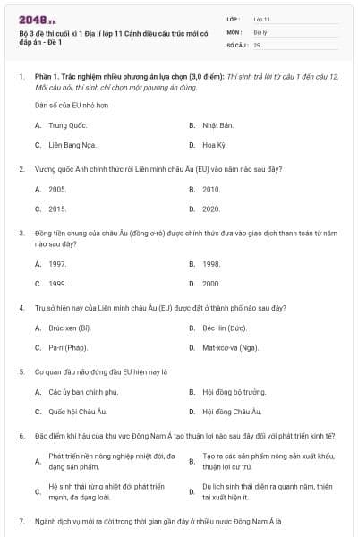 Bộ 3 đề thi cuối kì 1 Địa lí lớp 11 Cánh diều cấu trúc mới có đáp án - Đề 1