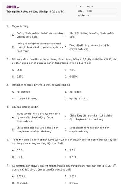Trắc nghiệm Cường độ dòng điện lớp 11 (có đáp án)