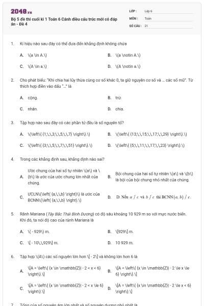 Bộ 5 đề thi cuối kì 1 Toán 6 Cánh diều cấu trúc mới có đáp án - Đề 4