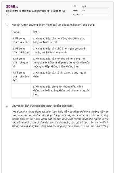 Đề kiểm tra 15 phút Ngữ Văn lớp 9 Học kì 1 có đáp án (Đề 2)