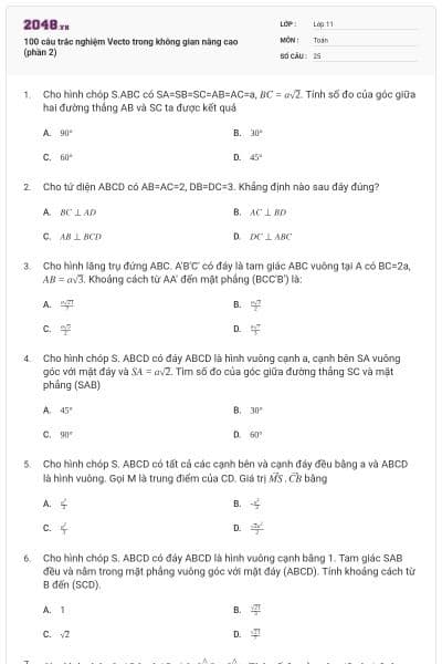 100 câu trắc nghiệm Vecto trong không gian nâng cao (phần 2)