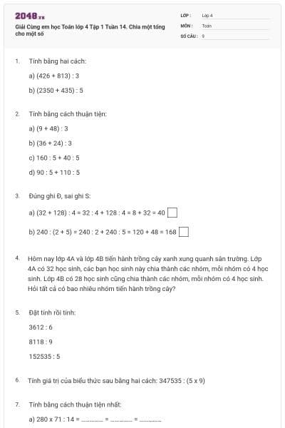 Giải Cùng em học Toán lớp 4 Tập 1 Tuần 14. Chia một tổng cho một số