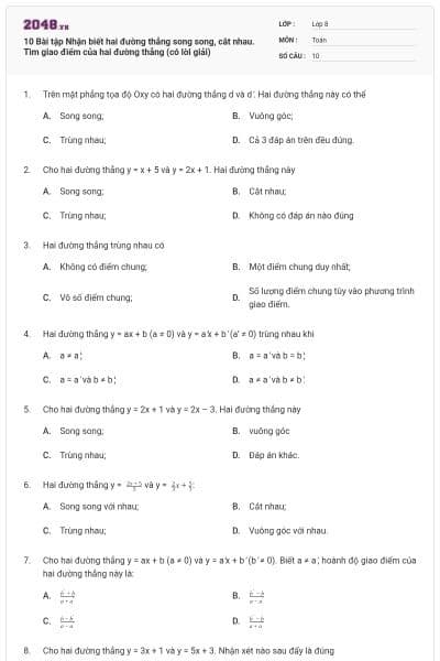 10 Bài tập Nhận biết hai đường thẳng song song, cắt nhau. Tìm giao điểm của hai đường thẳng (có lời giải)