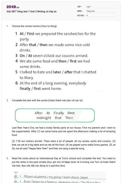 Giải SBT Tiếng Anh 7 Unit 3 Writing có đáp án