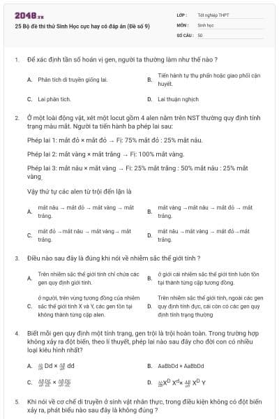 25 Bộ đề thi thử Sinh Học cực hay có đáp án (Đề số 9)
