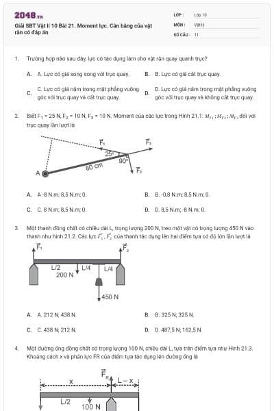 Giải SBT Vật lí 10 Bài 21. Moment lực. Cân bằng của vật rắn có đáp án