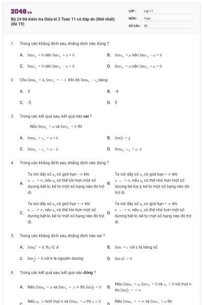 Bộ 24 Đề kiểm tra Giữa kì 2 Toán 11 có đáp án (Mới nhất) (Đề 19)
