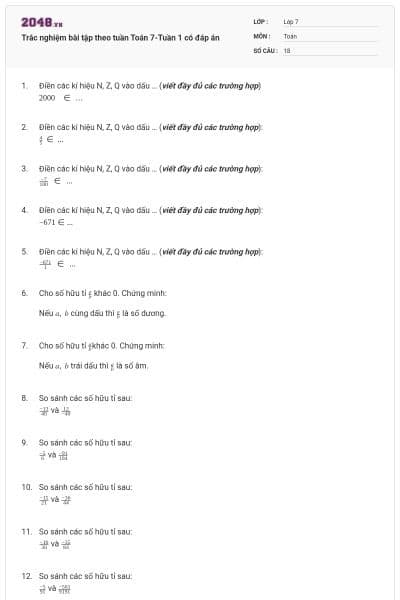 Trắc nghiệm bài tập theo tuần Toán 7-Tuần 1 có đáp án