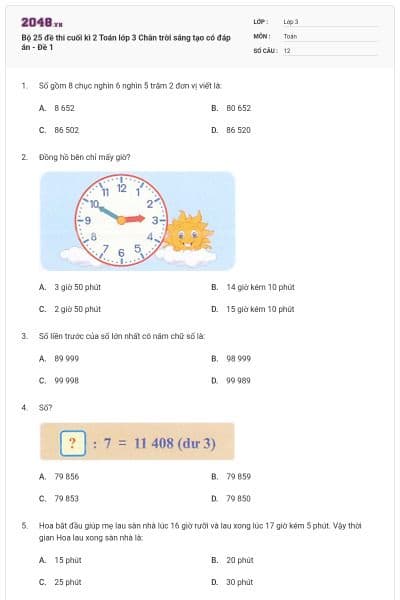 Bộ 25 đề thi cuối kì 2 Toán lớp 3 Chân trời sáng tạo có đáp án - Đề 1
