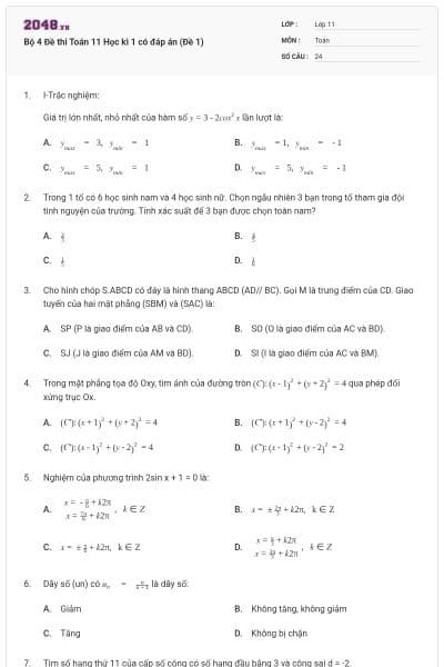 Bộ 4 Đề thi Toán 11 Học kì 1 có đáp án (Đề 1)
