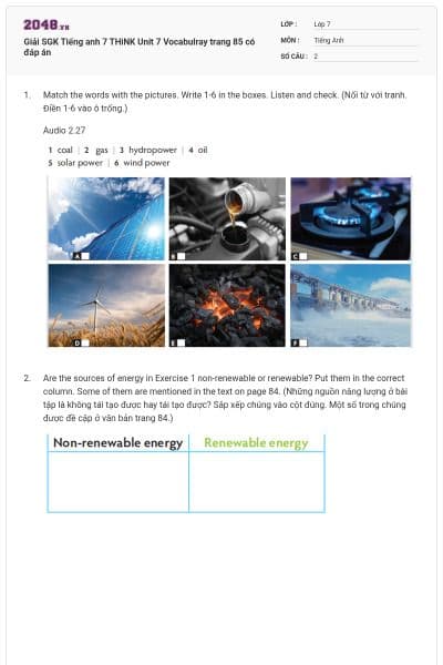 Giải SGK Tiếng anh 7 THiNK Unit 7 Vocabulray trang 85 có đáp án