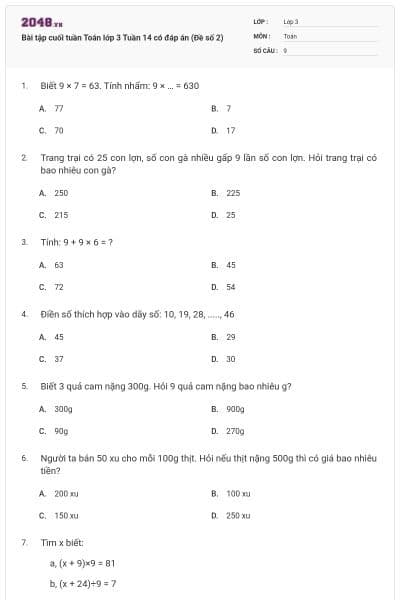 Bài tập cuối tuần Toán lớp 3 Tuần 14 có đáp án (Đề số 2)