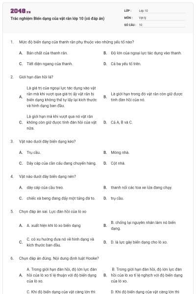 Trắc nghiệm Biến dạng của vật rắn lớp 10 (có đáp án)
