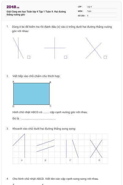 Giải Cùng em học Toán lớp 4 Tập 1 Tuần 9. Hai đường thẳng vuông góc