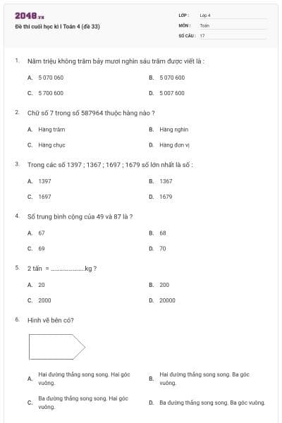 Đề thi cuối học kì I Toán 4 (đề 33)