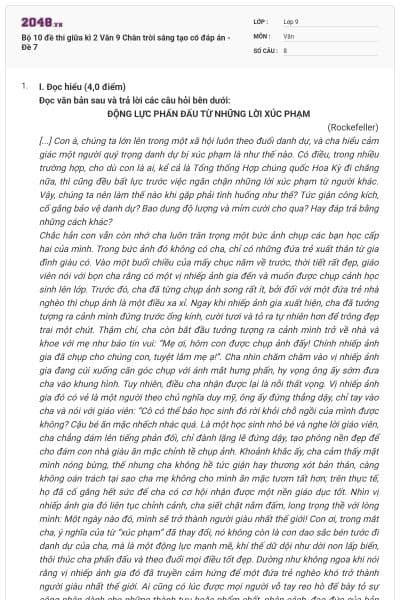 Bộ 10 đề thi giữa kì 2 Văn 9 Chân trời sáng tạo có đáp án - Đề 7