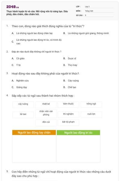 Thực hành luyện từ và câu: Mở rộng vốn từ sáng tạo. Dấu phẩy, dấu chấm, dấu chấm hỏi.