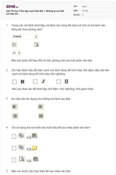 Giải Tin học 5 Em tập soạn thảo Bài 1: Những gì em biết (có đáp án)