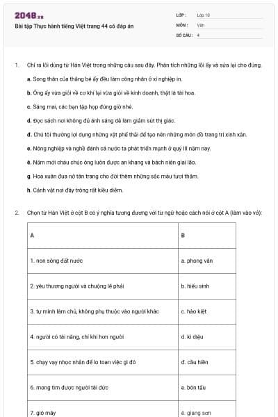 Bài tập Thực hành tiếng Việt trang 44 có đáp án