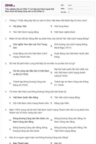 Trắc nghiệm lịch sử 9 Bài 17 (có đáp án) Cách mạng Việt Nam trước khi Đảng Cộng sản ra đời (Phần 2)