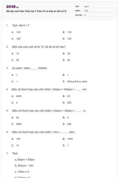 Bài tập cuối tuần Toán lớp 3 Tuần 10 có đáp án (Đề số 3)