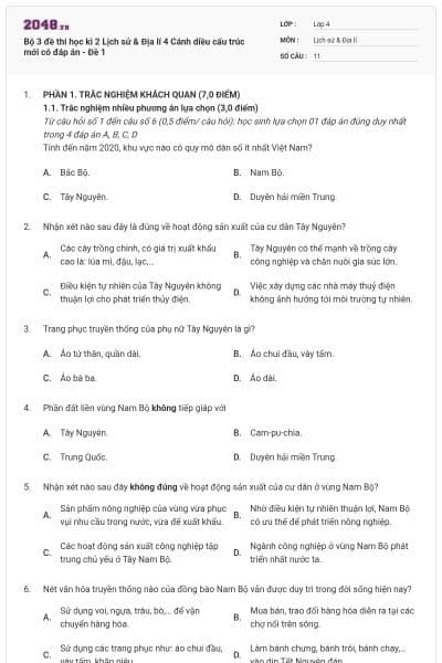 Bộ 3 đề thi học kì 2 Lịch sử & Địa lí 4 Cánh diều cấu trúc mới có đáp án - Đề 1