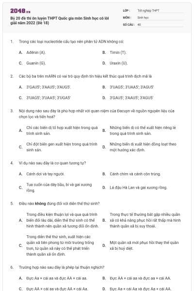 Bộ 20 đề thi ôn luyện THPT Quốc gia môn Sinh học có lời giải năm 2022 (Đề 18)