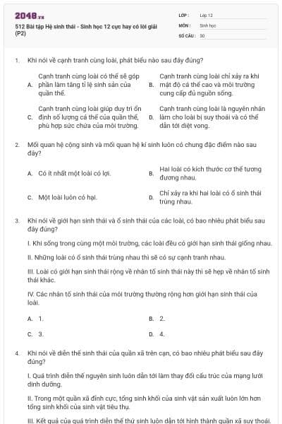 512 Bài tập Hệ sinh thái - Sinh học 12 cực hay có lời giải (P2)