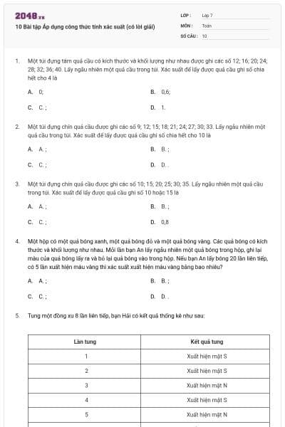 10 Bài tập Áp dụng công thức tính xác suất (có lời giải)
