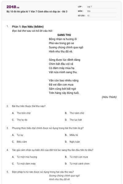 Bộ 10 đề thi giữa kì 1 Văn 7 Cánh diều có đáp án - Đề 3