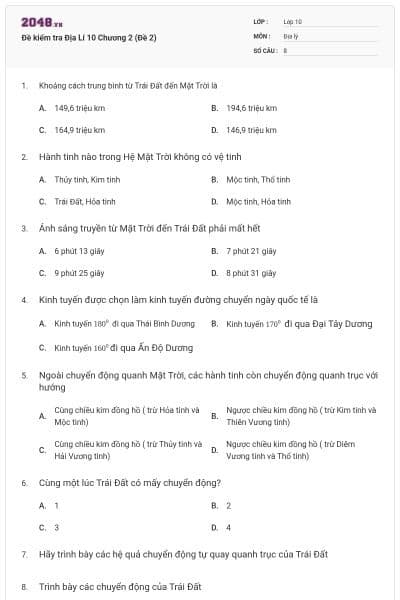 Đề kiểm tra Địa Lí 10 Chương 2 (Đề 2)