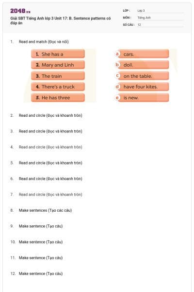 Giải SBT Tiếng Anh lớp 3 Unit 17: B. Sentence patterns có đáp án