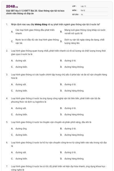 Giải SBT Địa lí 12 KNTT Bài 20. Giao thông vận tải và bưu chính viễn thông có đáp án