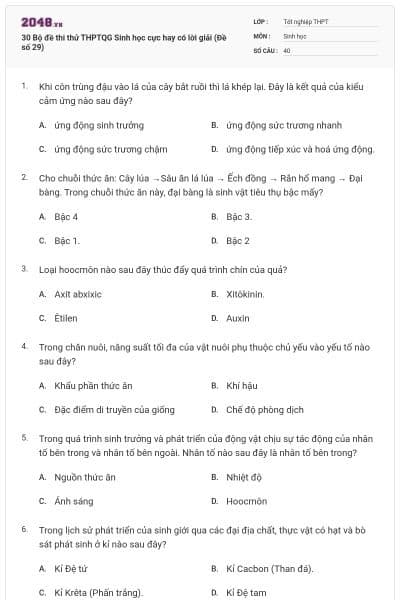 30 Bộ đề thi thử THPTQG Sinh học cực hay có lời giải (Đề số 29)