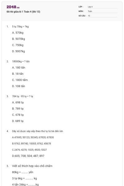Đề thi giữa kì 1 Toán 4 (Đề 13)