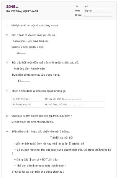 Giải VBT Tiếng Việt 3 Tuần 34