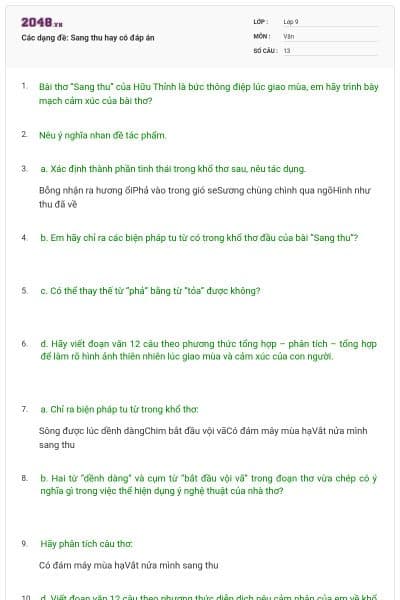 Các dạng đề: Sang thu hay có đáp án