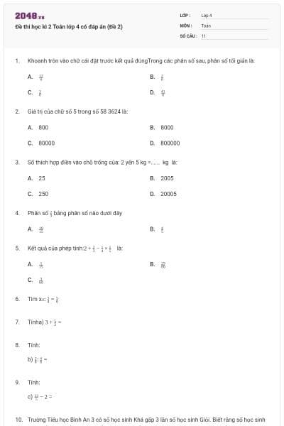 Đề thi học kì 2 Toán lớp 4 có đáp án (Đề 2)