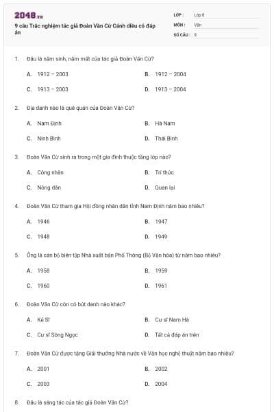 9 câu Trắc nghiệm tác giả Đoàn Văn Cừ Cánh diều có đáp án