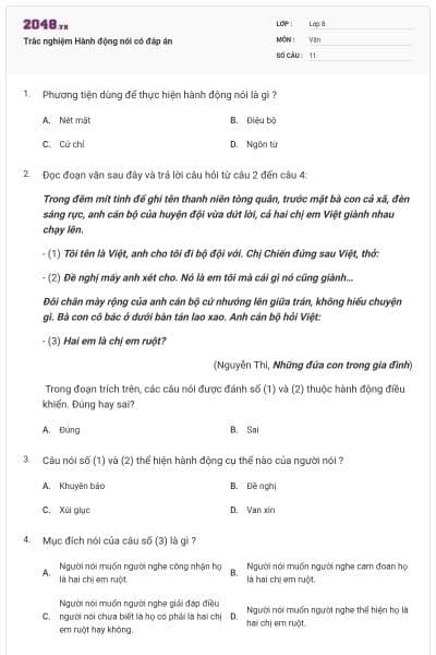 Trắc nghiệm Hành động nói có đáp án