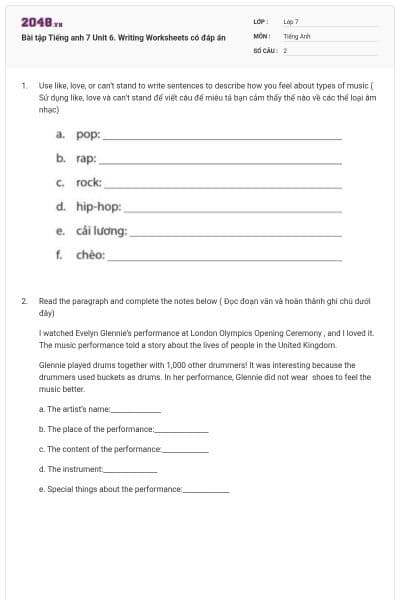 Bài tập Tiếng anh 7 Unit 6. Writing Worksheets có đáp án