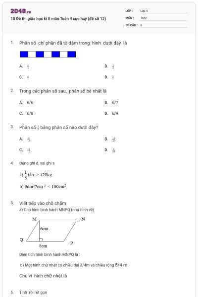 15 Đề thi giữa học kì II môn Toán 4 cực hay (đề số 12)