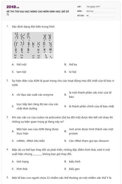 ĐỀ THI THỬ ĐẠI HỌC NÂNG CAO MÔN SINH HỌC (ĐỀ SỐ 7)