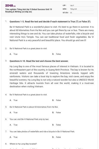 Trắc nghiệm Tiếng Anh lớp 5 Global Success Unit 19 Reading & Writing (có đáp án)