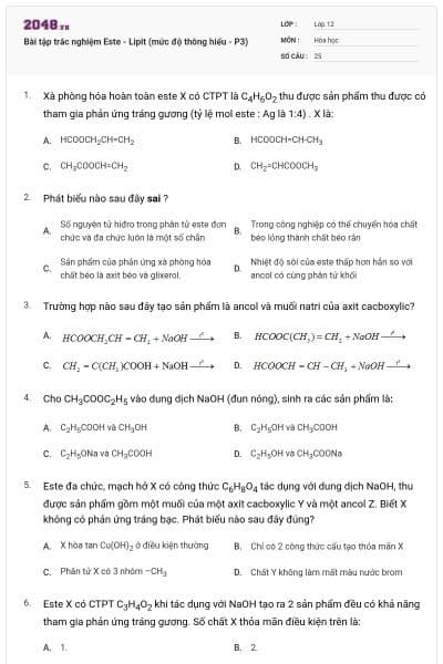 Bài tập trắc nghiệm Este - Lipit (mức độ thông hiểu - P3)